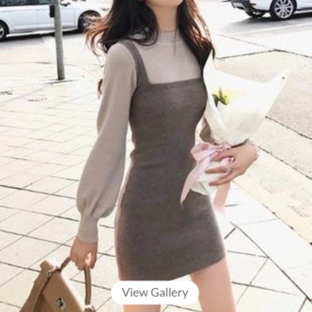 Shinobu - Mock Two Piece Long-Sleeve Knit Midi Dress Size S Grayish Purple